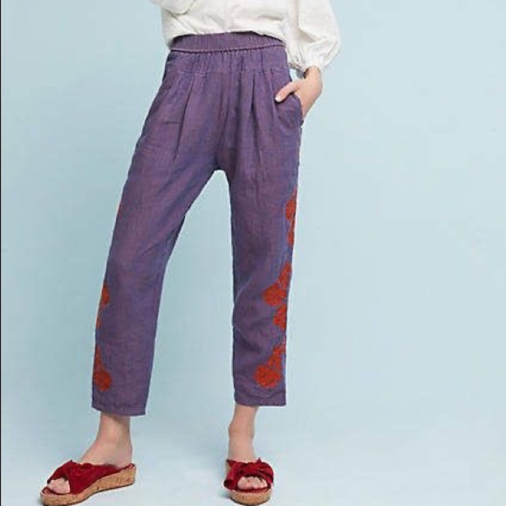 Anthropologie embroidered linen pants, small